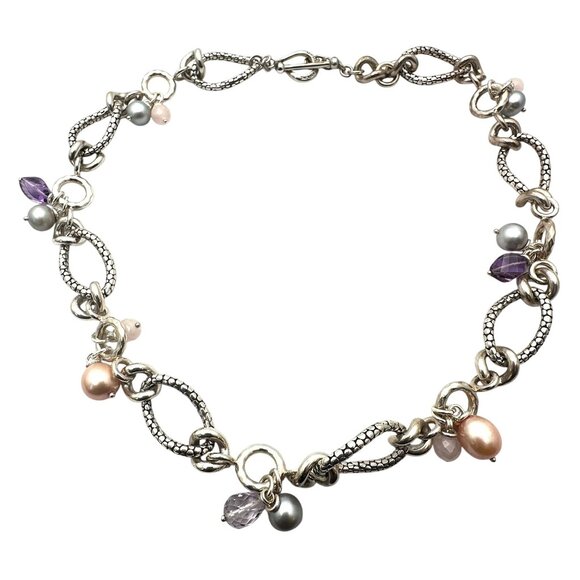 Michael Dawkins Sterling Silver Amethyst Pearl Necklace 17 Inch 70 Grams - Picture 2 of 4